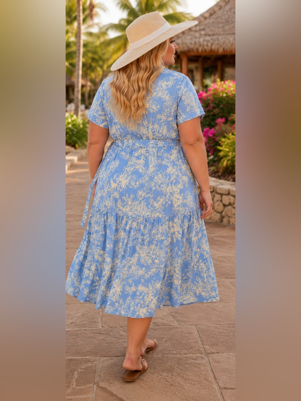 Cottagecore boho Light Blue and White Tropical tiered Shirtwaist Dress - Picture 2 of 8